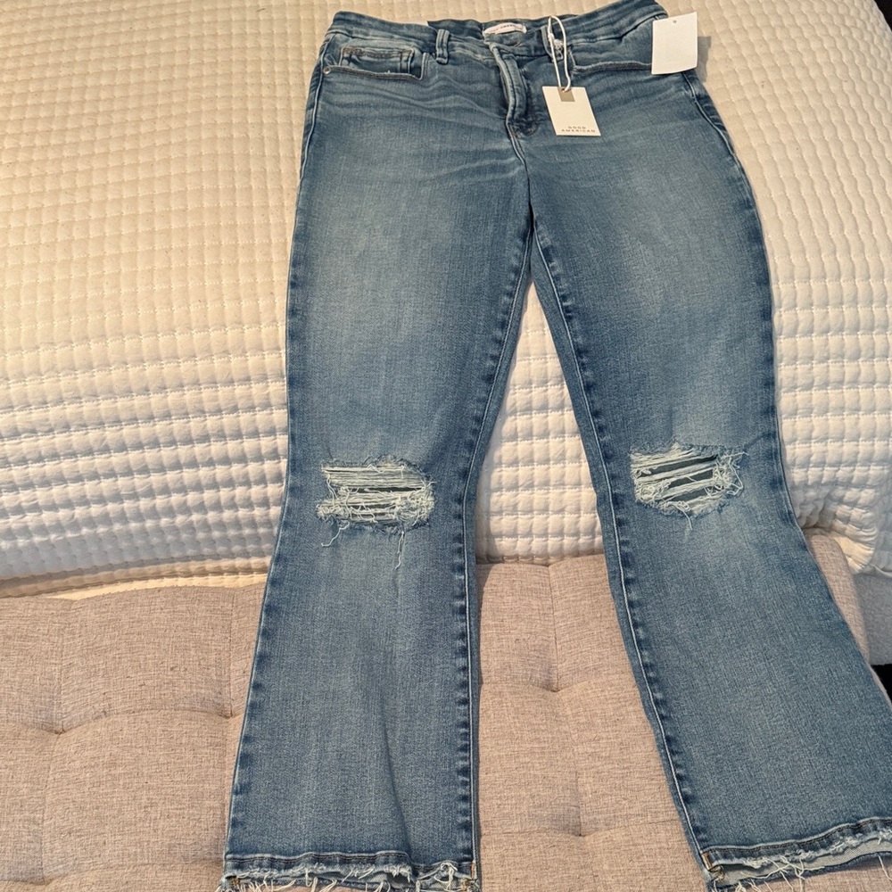Good American Light Blue Distressed Flare Jeans